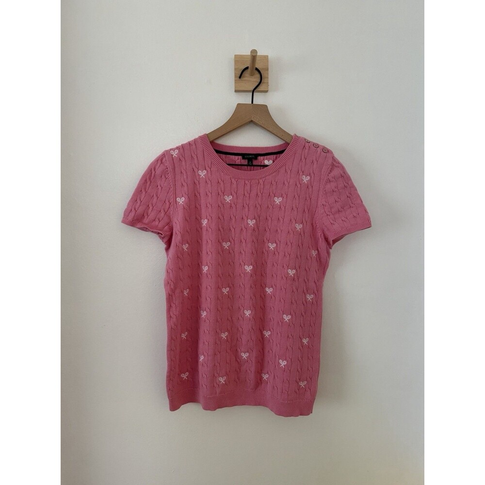 Talbots Pink Cable Knit Short Sleeve Sweater Embroidered Tennis Rackets Sz M